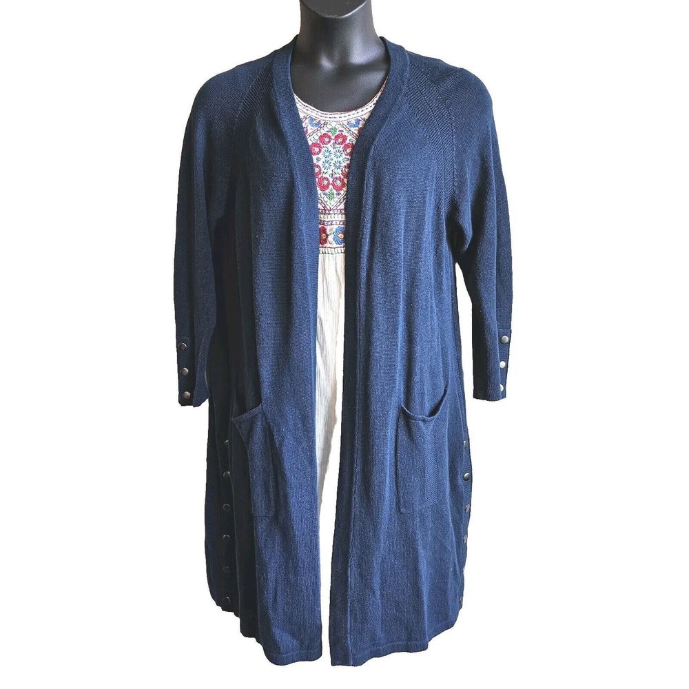 Wrap London Size US 10 longline Cardigan Blue Knit Silk Blend Pockets Snaps